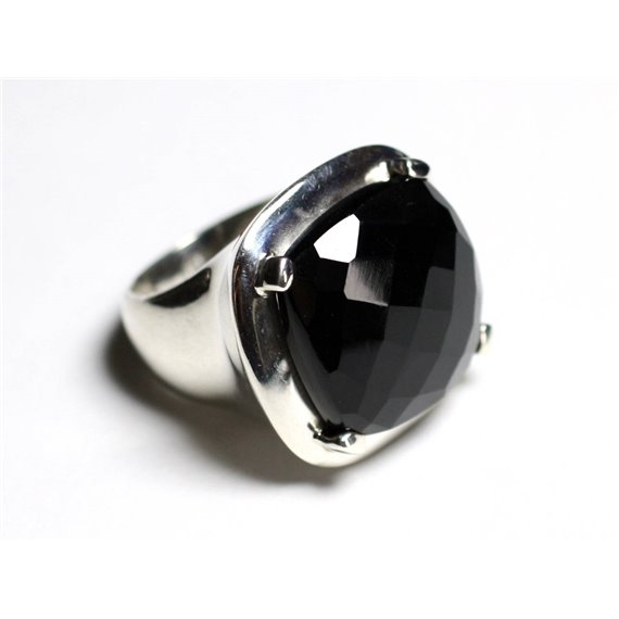 n110 - Bague Argent 925 et Pierre - Onyx Noir Carré Facetté 18mm 