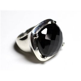 n110 - Anillo de plata y piedra 925 - Cuadrado facetado de ónix negro 18 mm 