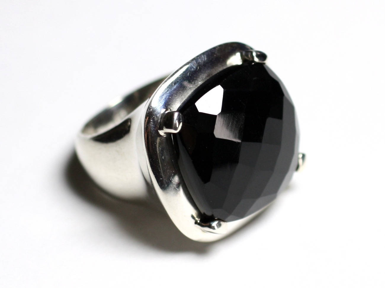 n110 - Bague Argent 925 et Pierre - Onyx Noir Carré Facetté 18mm 