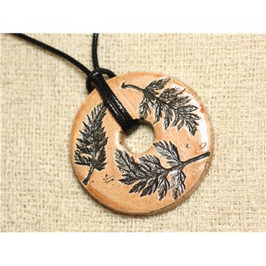 Collier Pendentif Céramique Empreintes Feuilles Nature Donut 46mm 