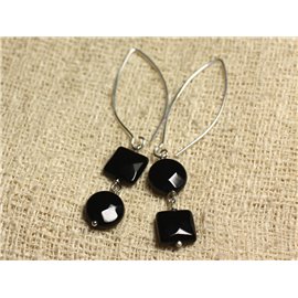 Boucles d'Oreilles Argent 925 Crochets 40mm - Onyx Noir Palets et Carrés facettés 10mm  Boucles d'Oreilles Argent 925 Crochets 40mm - Onyx Noir Palets et Carrés facettés 10mm