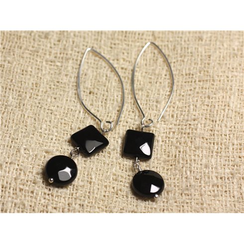 Boucles d'Oreilles Argent 925 Crochets 40mm - Onyx Noir Palets et Carrés facettés 10mm