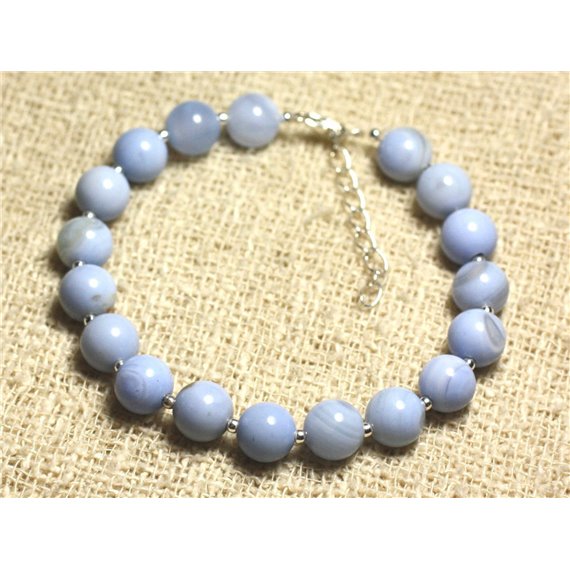 Bracelet Argent 925 et Pierre semi précieuse - Agate Bleu clair 8mm 