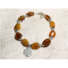 Bracelet Argent massif 925 et Ambre naturelle - Olives 10-14mm et Trèfle 4 feuilles 