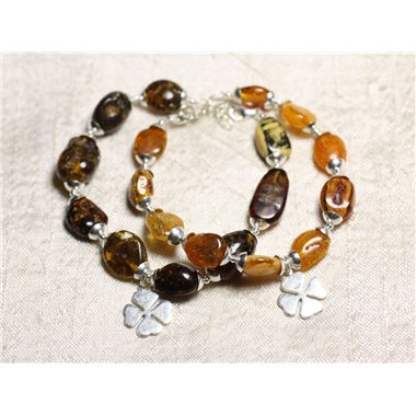 Bracelet Argent massif 925 et Ambre naturelle - Olives 10-14mm et Trèfle 4 feuilles 2