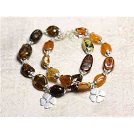 Bracelet Argent massif 925 et Ambre naturelle - Olives 10-14mm et Trèfle 4 feuilles 