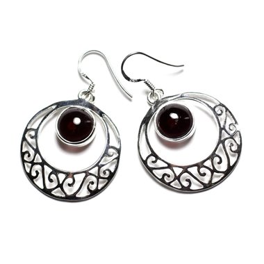 BO235 - Boucles d'Oreilles Argent 925 et Pierre - Créoles Filigranes Arabesques 27mm Grenat 