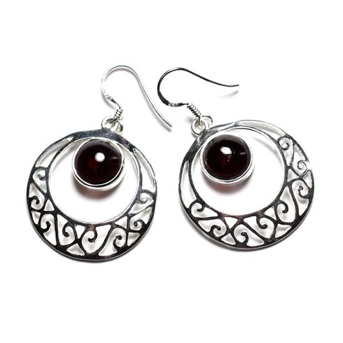 BO235 - Boucles d'Oreilles Argent 925 et Pierre - Créoles Filigranes Arabesques 27mm Grenat 