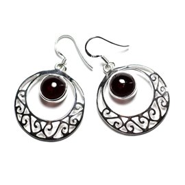 BO235 - 925 Silver and Stone Earrings - Filigree Arabesque Hoops 27mm Garnet 