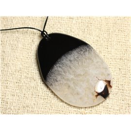 Stone Pendant Necklace - Agate and Quartz Black and White Drop 58mm N3 