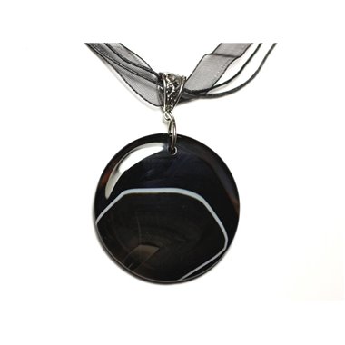 N7 - Collier Pendentif en Pierre - Agate noire et blanche rond 47mm 