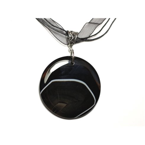 N7 - Collier Pendentif en Pierre - Agate noire et blanche rond 47mm 