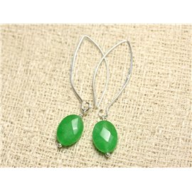 925 Silver and Stone Earrings - Green Jade Faceted Oval 14mm 