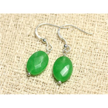 Boucles d'Oreilles Argent 925 et Pierre - Jade Verte Ovales Facettés 14mm 