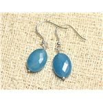 Boucles d'Oreilles Argent 925 et Pierre - Jade Bleue Ovales Facettés 14mm 