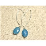 Boucles d'Oreilles Argent 925 et Pierre - Jade Bleue Ovales Facettés 14mm 