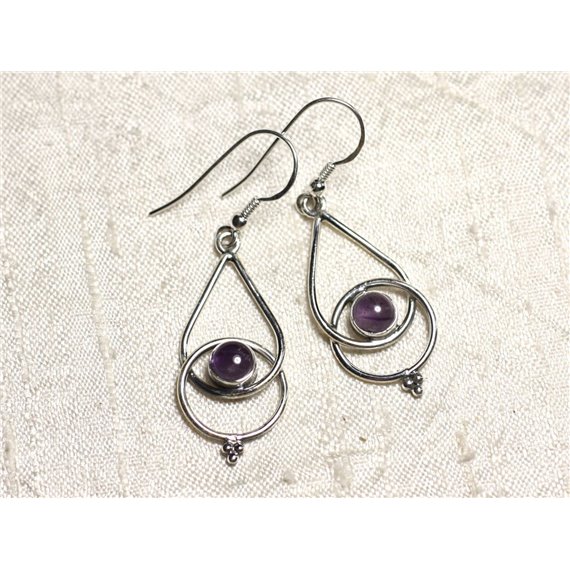 BO205 - Boucles d'Oreilles Argent 925 et Pierre Améthyste Gouttes 36mm 