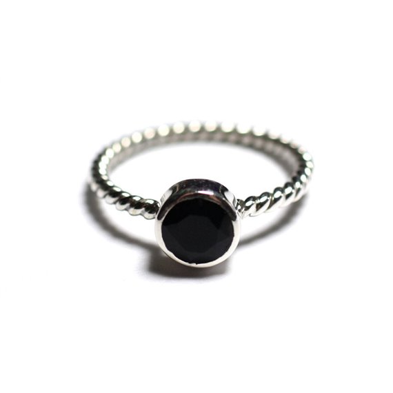 N231 - Bague Argent 925 et Pierre - Spinelle noir 6mm Anneau torsade 