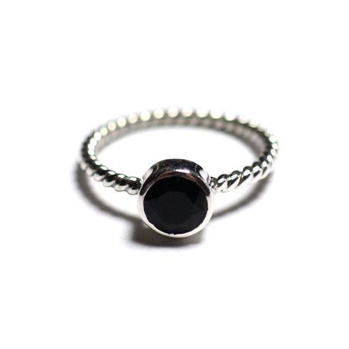 N231 - Bague Argent 925 et Pierre - Spinelle noir 6mm Anneau torsade 