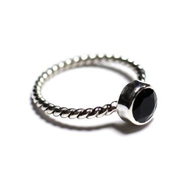 N231 - Bague Argent 925 et Pierre - Spinelle noir 6mm Anneau torsade 