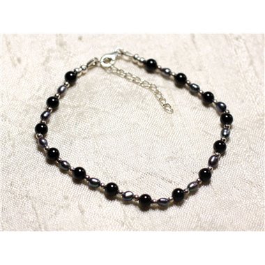 Bracelet Argent 925 Pierre Onyx noir et perles de culture noires 3-4mm