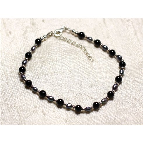 Bracelet Argent 925 Pierre Onyx noir et perles de culture noires 3-4mm 
