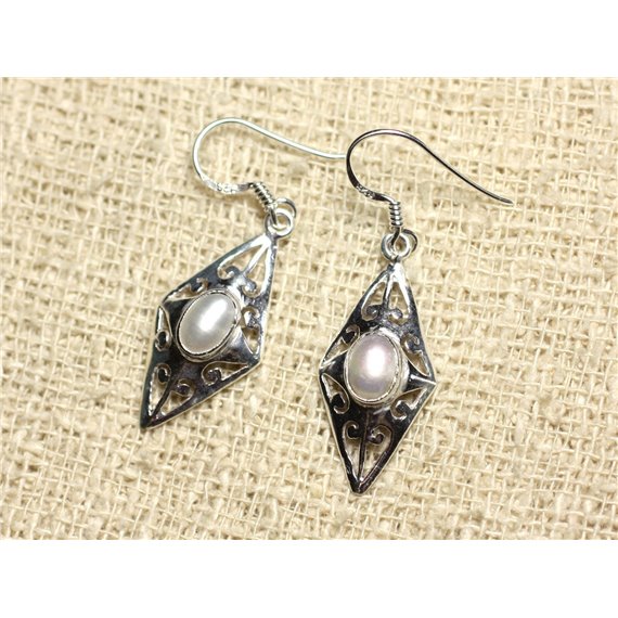 BO220 - Boucles d'Oreilles Argent 925 - Losange Filigrane 28mm Perles d'eau douce culture 