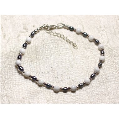 Bracelet Argent 925 Pierre Howlite et perles de culture noires 3-4mm