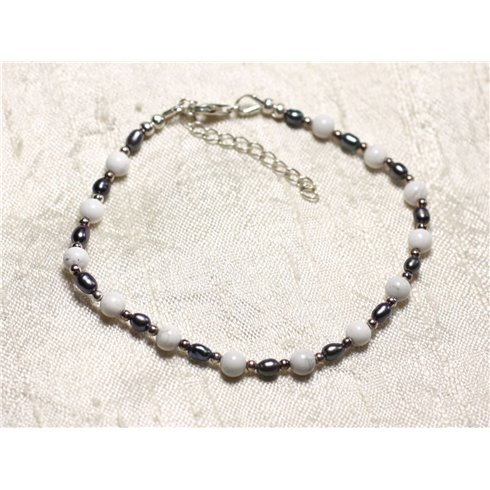 Bracelet Argent 925 Pierre Howlite et perles de culture noires 3-4mm 