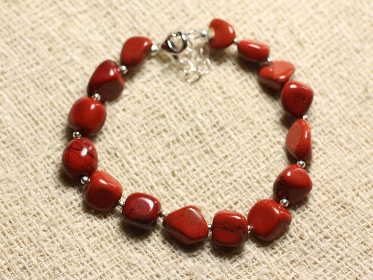 Bracelet Argent 925 et Pierre - Jaspe Rouge Nuggets 8mm 
