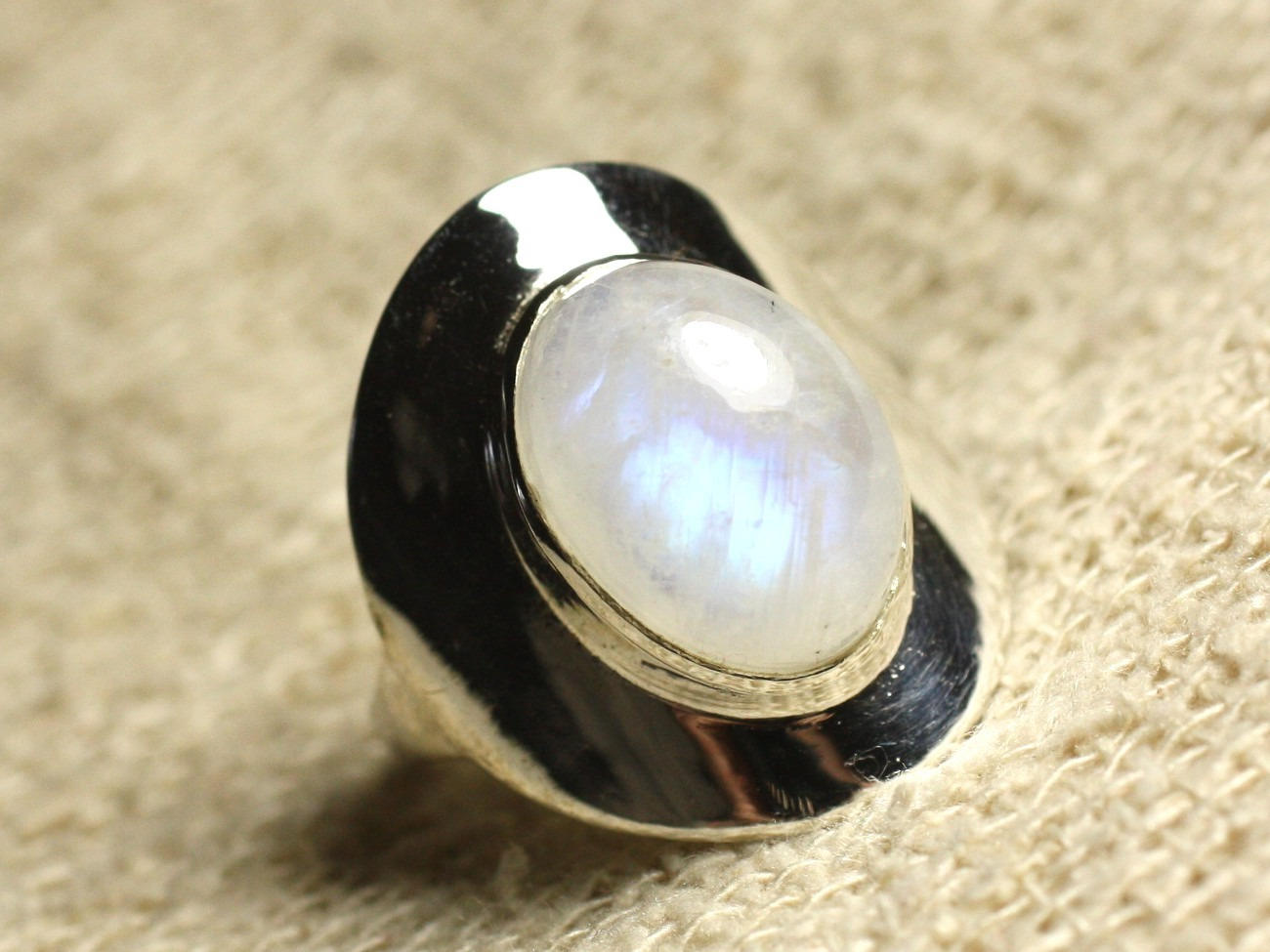 N124 - Bague Argent 925 Pierre de Lune Arc en Ciel Ovale 14x10mm 
