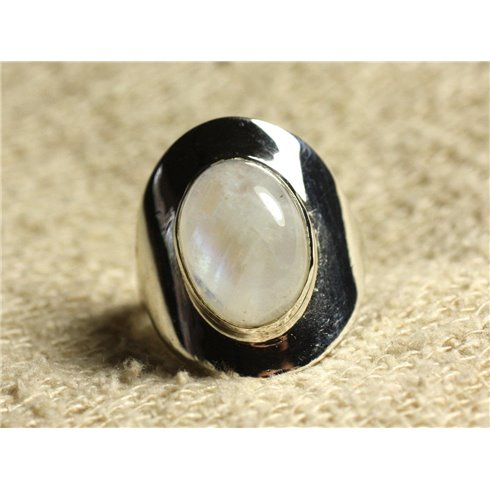 N124 - Bague Argent 925 Pierre de Lune Arc en Ciel Ovale 14x10mm