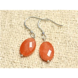 925 Silver and Stone Earrings - Orange Jade Faceted Oval 14mm 