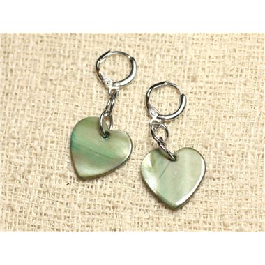 Boucles d'Oreilles Nacre Coeurs 18mm Vert Kaki 