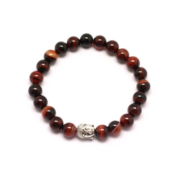 Bracelet Bouddha et Pierre semi précieuse - Agate Rouge et Noire 8mm 