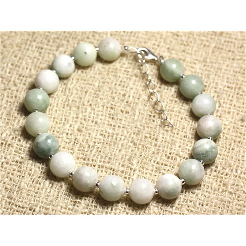 Bracelet Argent 925 et Pierre semi précieuse - Jade Blanche et Verte 8mm