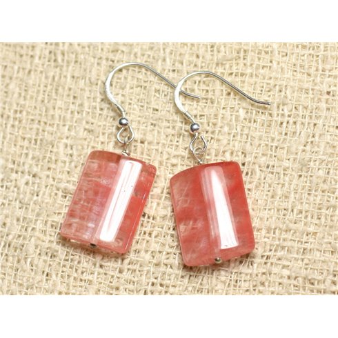 Boucles d'Oreilles Argent 925 et Pierre - Quartz Cerise Rectangles 18mm