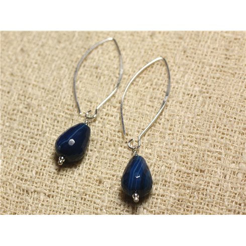 Boucles d'Oreilles Argent 925 Crochets 40mm - Agate Bleue Gouttes Facettées 14x10mm 