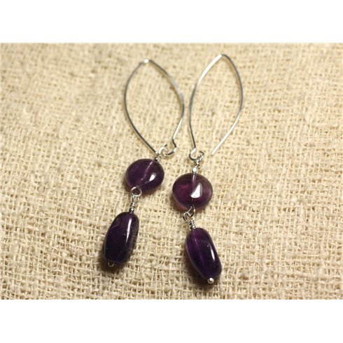 Boucles d'Oreilles Argent 925 Crochets 40mm - Améthyste Palets 10mm