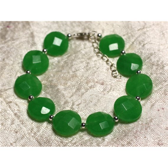 Bracelet Argent 925 et Pierre - Jade Verte Palets Facettés 14mm