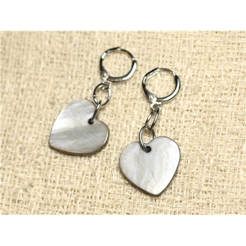 Boucles d'Oreilles Nacre Coeurs 18mm Gris 