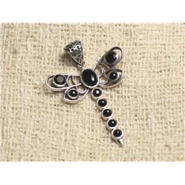 Dragonfly Pendant 43mm 925 Silver and Stone - Black Onyx 