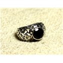 N112 - Bague Argent 925 et Pierre Filigrane Arabesques - Onyx Noir Rond Facetté 8mm 