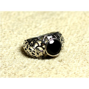 N112 - Bague Argent 925 et Pierre Filigrane Arabesques - Onyx Noir Rond Facetté 8mm 