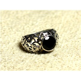 N112 - 925 Silberring und arabesker filigraner Stein - Facettierter runder schwarzer Onyx 8 mm 