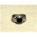 N112 - Bague Argent 925 et Pierre Filigrane Arabesques - Onyx Noir Rond Facetté 8mm 