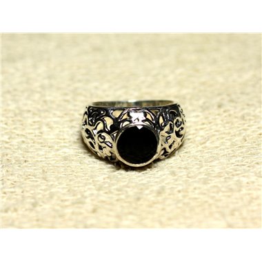 N112 - Bague Argent 925 et Pierre Filigrane Arabesques - Onyx Noir Rond Facetté 8mm 