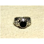 N112 - Bague Argent 925 et Pierre Filigrane Arabesques - Onyx Noir Rond Facetté 8mm 