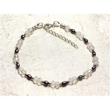 Bracelet Argent 925 Pierre Quartz et perles de culture noires 3-5mm 2