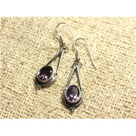 BO212 - 925 Sterling Silver 28mm Earrings - Faceted Amethyst Oval 9x7mm 